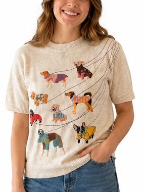 313. New Lightweight Sweater - All-Over -Effect Dog Print, Casual Crew Neck